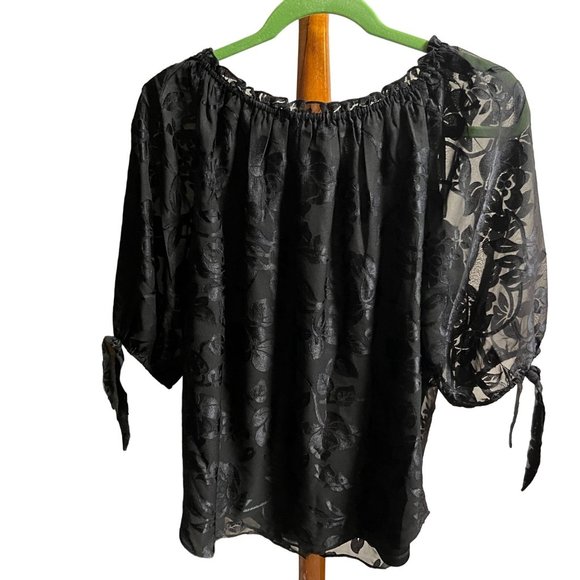 Colleen Lopez MED Black Semi Sheer Burnout Convertible Neck Blouson Top Ties NWT - Picture 8 of 9